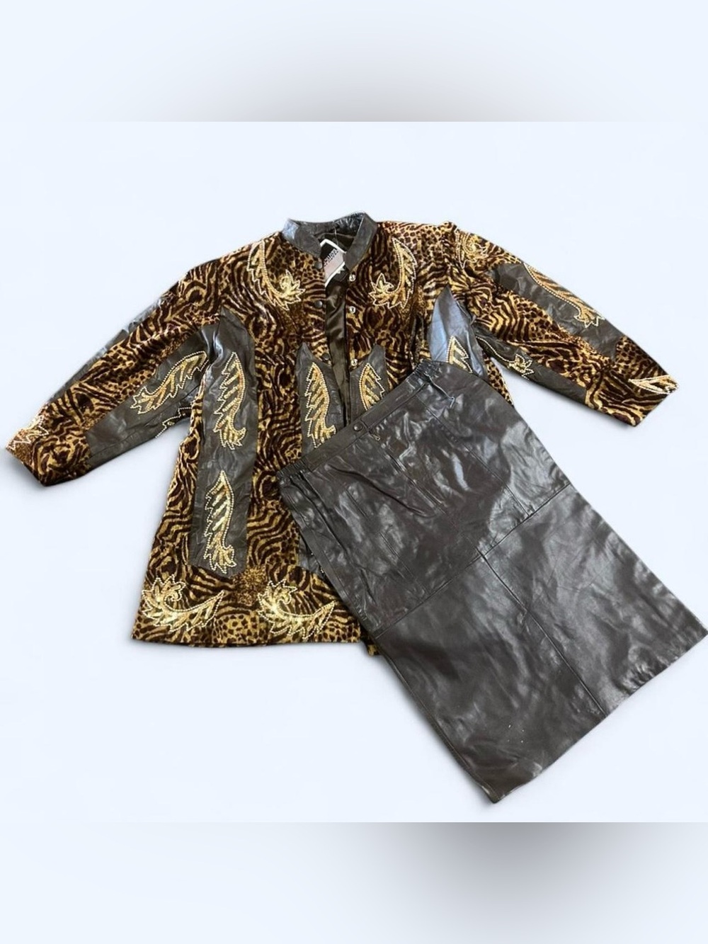 Vintage Embellished Brown Velvet Jacket with Dark Brown Leather Skirt